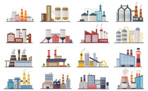 Factory industry manufactory power electricity buildings flat icons set isolated. Urban factory plant landscape vector illustration.